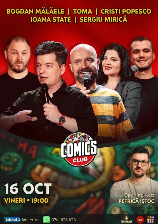Stand-up cu Cristi Popesco, Toma, Bogdan Mălăele, Ioana State și Mirică la ComicsClub!